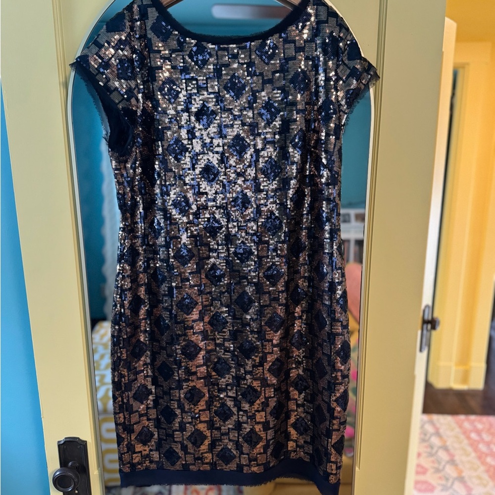 Perfect NYE Dress- Vince Camuto Navy and Gold Sequin Cocktail Dress